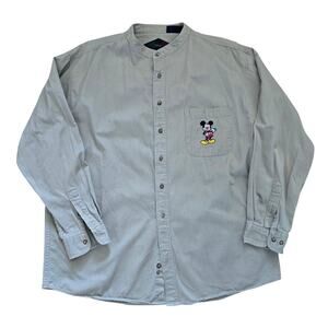 Vintage Disney Mens Mickey Embroidered No Collar Shirt Size XL Tan Beige